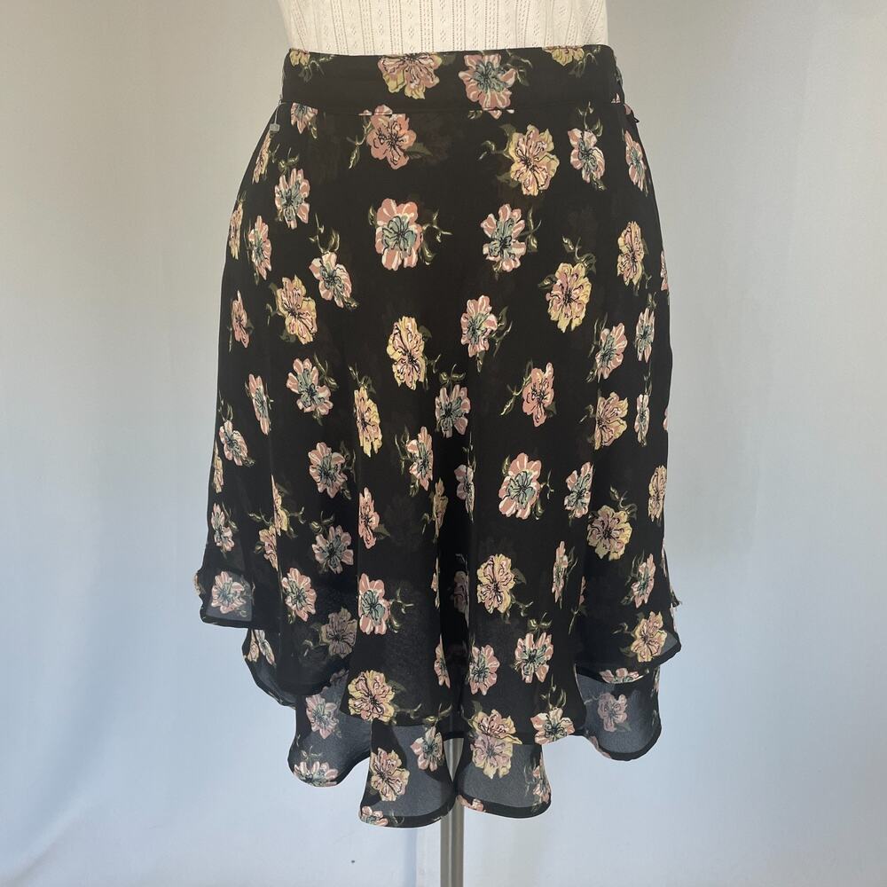 Y2K Mini Skirt Medium Black Pink Floral Flirty Asymmetrical Chiffon Feminine